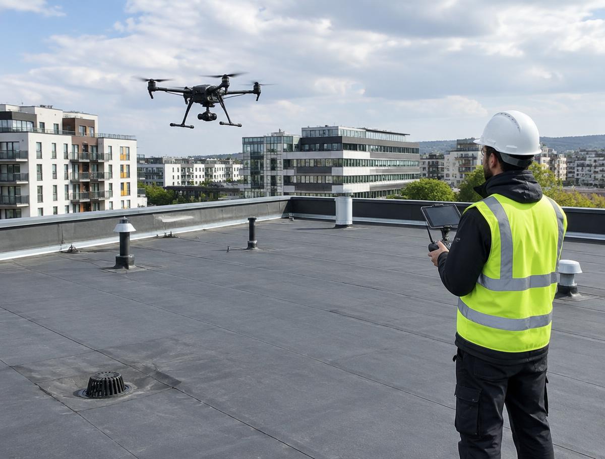 Inspekční dron snímá plochou střechu, technik v pozadí ovládá let